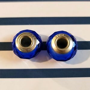 2 Blue Glass Bead charms for Pandora Type bracelets stamped 925